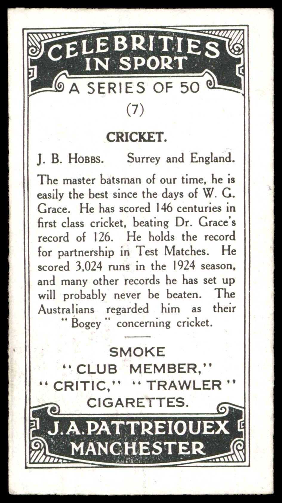 Pattreiouex - 'Celebrities in Sport' (c1930) - J.B. Hobbs (Surrey) Pattreiouex - 'Celebrities in Sport' (c1930) - J.B. Hobbs (Surrey)