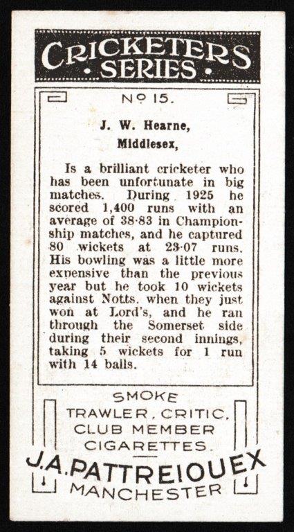 Pattreiouex - 'Cricketers Series' (1926) - J.W. Hearne (Middlesex) Pattreiouex - 'Cricketers Series' (1926) - J.W. Hearne (Middlesex)