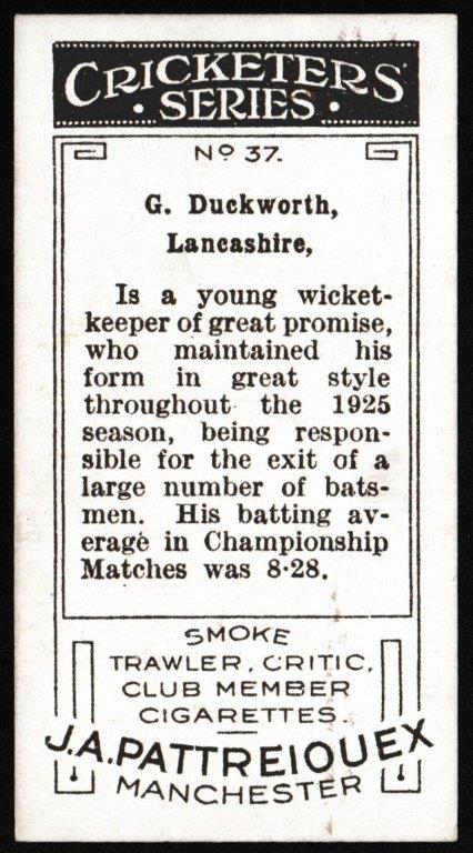 Pattreiouex - 'Cricketers Series' (1926) - G. Duckworth (Lancashire) Pattreiouex - 'Cricketers Series' (1926) - G. Duckworth (Lancashire)