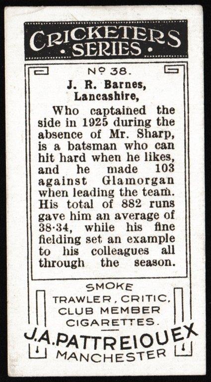 Pattreiouex - 'Cricketers Series' (1926) - J.R. Barnes (Lancashire) Pattreiouex - 'Cricketers Series' (1926) - J.R. Barnes (Lancashire)