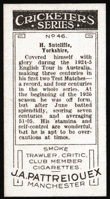 Pattreiouex - 'Cricketers Series' (1926) - H. Sutcliffe (Yorkshire) Pattreiouex - 'Cricketers Series' (1926) - H. Sutcliffe (Yorkshire)