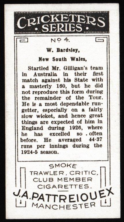 Pattreiouex - 'Cricketers Series' (1926) - W. Bardsley (Australia) Pattreiouex - 'Cricketers Series' (1926) - W. Bardsley (Australia)