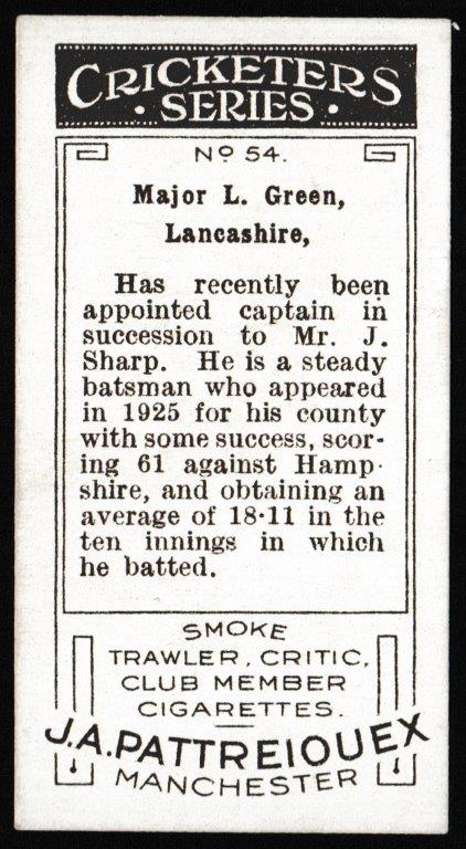 Pattreiouex - 'Cricketers Series' (1926) - Major L. Green (Lancashire) Pattreiouex - 'Cricketers Series' (1926) - Major L. Green (Lancashire)