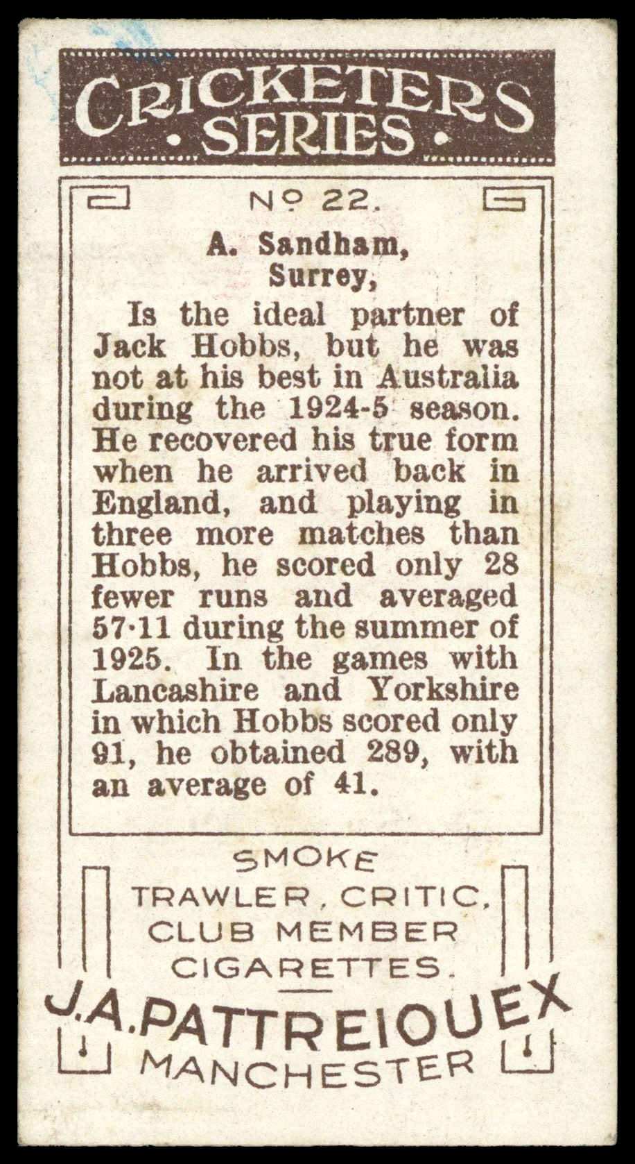 Pattreiouex - 'Cricketers Series' (1926) - A. Sandham (Surrey) Pattreiouex - 'Cricketers Series' (1926) - A. Sandham (Surrey)