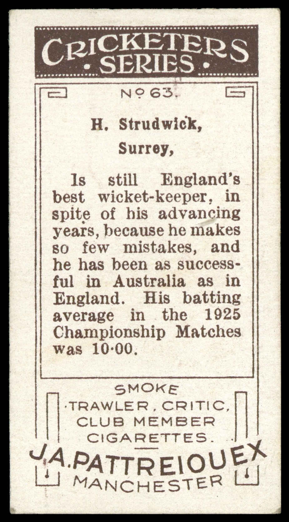 Pattreiouex - 'Cricketers Series' (1926) - H. Strudwick (Surrey) Pattreiouex - 'Cricketers Series' (1926) - H. Strudwick (Surrey)