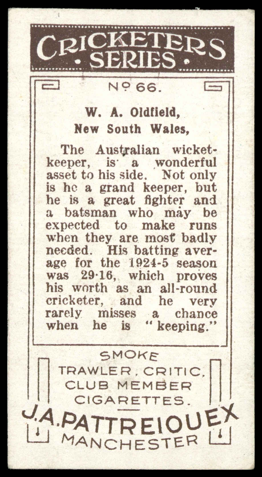 Pattreiouex - 'Cricketers Series' (1926) - W.A. Oldfield (Australia) Pattreiouex - 'Cricketers Series' (1926) - W.A. Oldfield (Australia)
