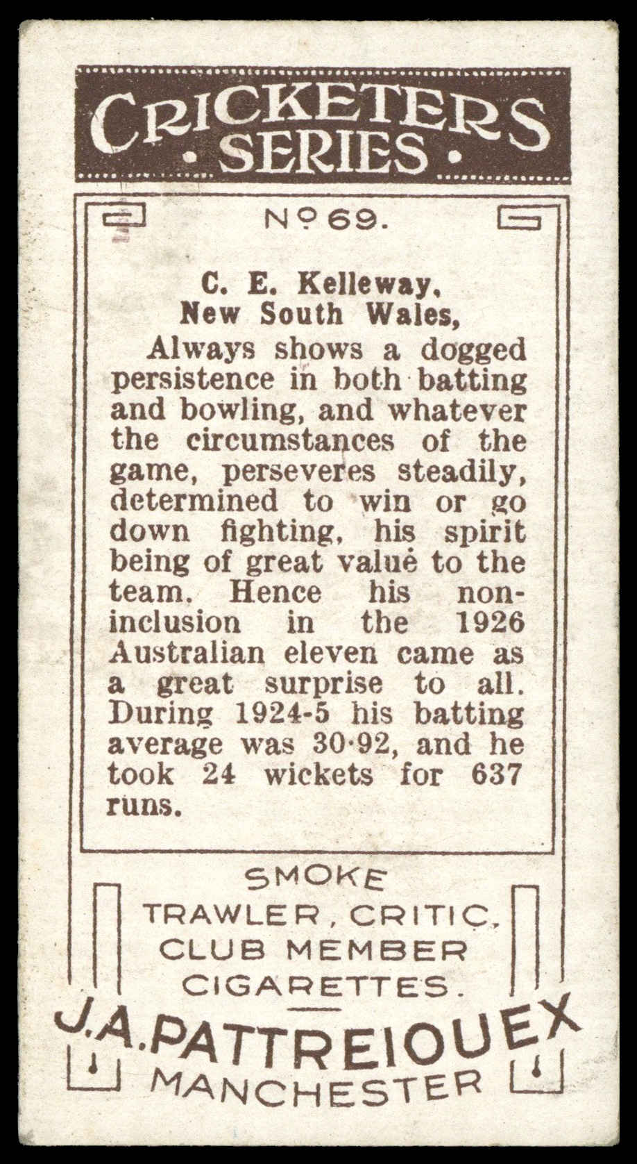 Pattreiouex - 'Cricketers Series' (1926) - C. Kelleway (Australia) Pattreiouex - 'Cricketers Series' (1926) - C. Kelleway (Australia)