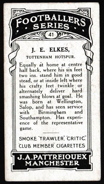 Pattreiouex - 'Footballers Series (Brown)' (1927) - J.E. Elkes (Tottenham) Pattreiouex - 'Footballers Series (Brown)' (1927) - J.E. Elkes (Tottenham)