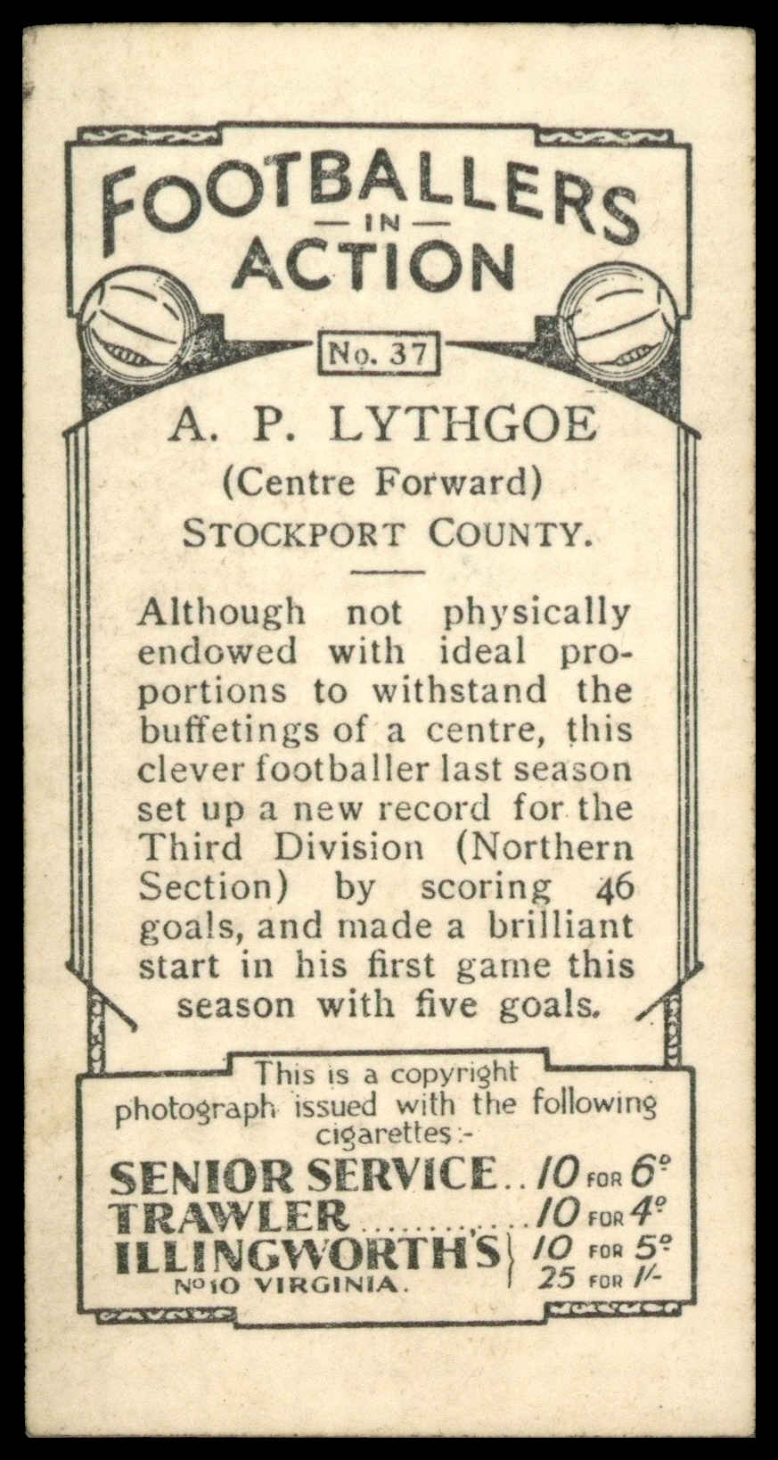 Pattreiouex - A.P. Lythgoe (Huddersfield Town) - 'Footballers in Action' (1934) Pattreiouex - A.P. Lythgoe (Huddersfield Town) - 'Footballers in Action' (1934)