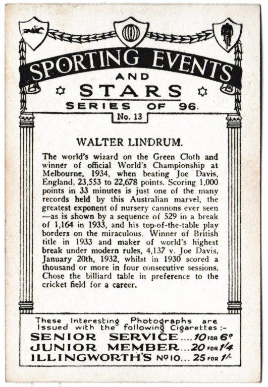 Pattreiouex - 'Sporting Events & Stars' (1935) - Card #13 - Walter Lindrum Pattreiouex - 'Sporting Events & Stars' (1935) - Card #13 - Walter Lindrum