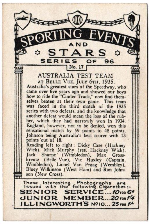 Pattreiouex - 'Sporting Events & Stars' (1935) - Card #17 - Australia Test Team 1935 Pattreiouex - 'Sporting Events & Stars' (1935) - Card #17 - Australia Test Team 1935