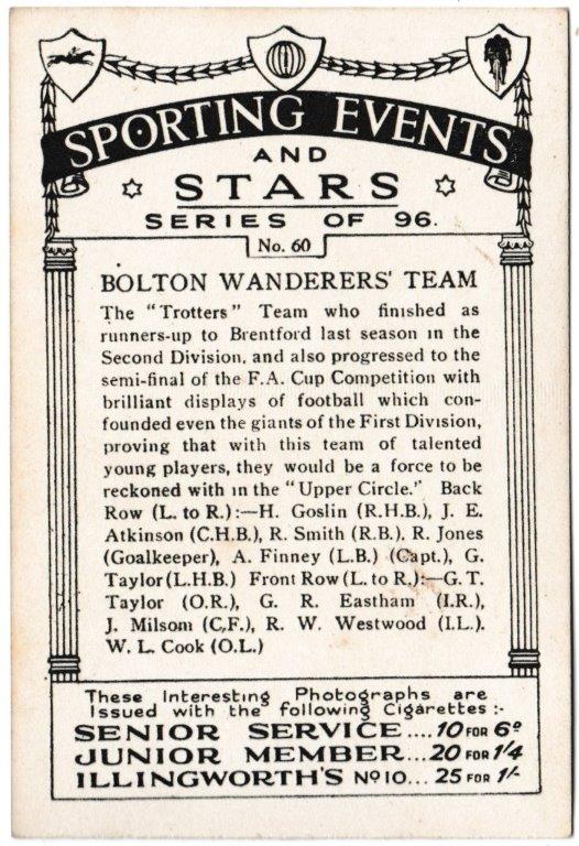 Pattreiouex - 'Sporting Events & Stars' (1935) - Card #60 - Bolton Wanderers Team Pattreiouex - 'Sporting Events & Stars' (1935) - Card #60 - Bolton Wanderers Team