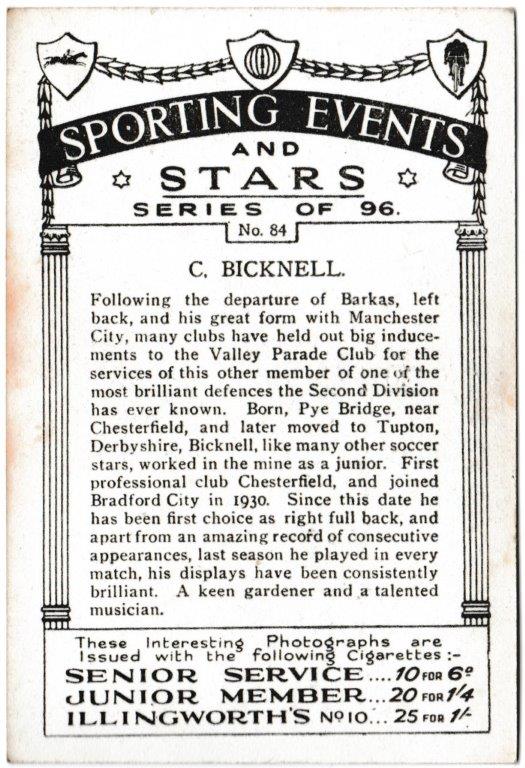 Pattreiouex - 'Sporting Events & Stars' (1935) - Card #84 - C. Bicknell (Bradford City) Pattreiouex - 'Sporting Events & Stars' (1935) - Card #84 - C. Bicknell (Bradford City)