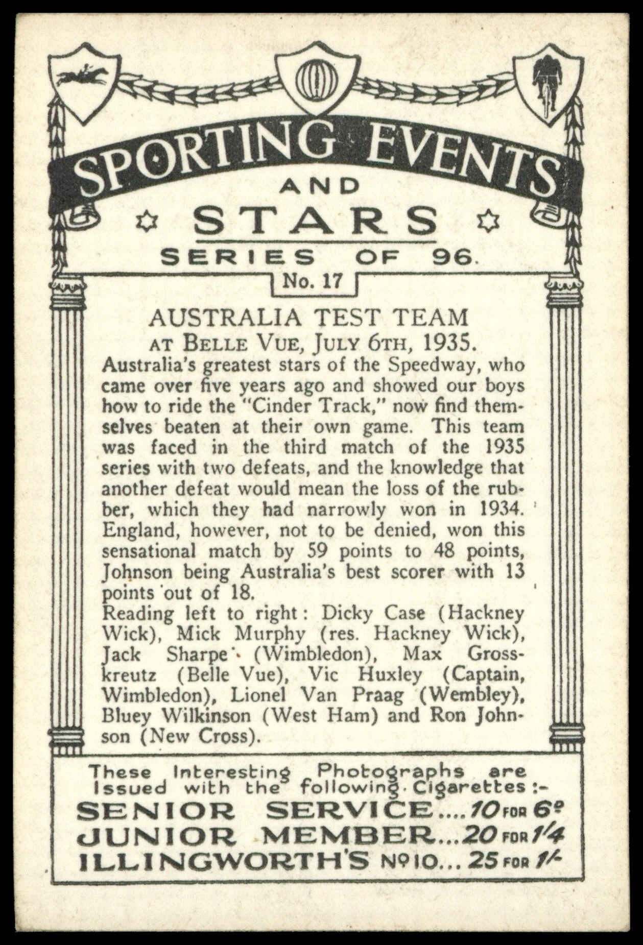 Pattreiouex - 'Sporting Events & Stars' (1935) - Australia Test Team 1935 Pattreiouex - 'Sporting Events & Stars' (1935) - Australia Test Team 1935