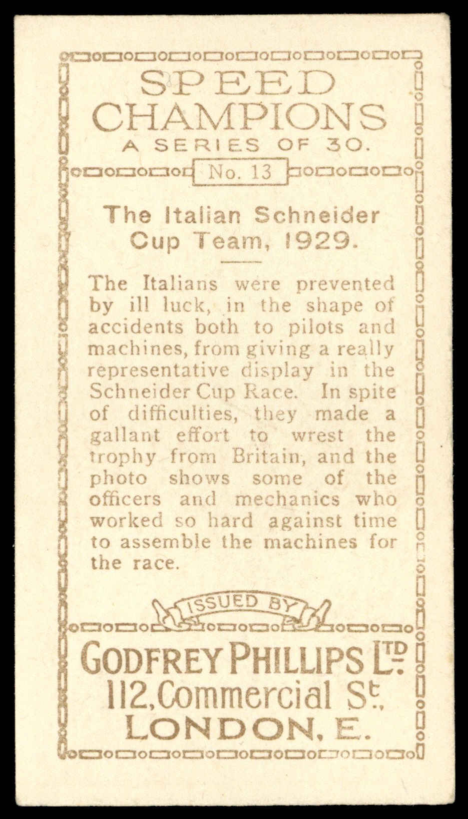Phillips (Godfrey) - 'Speed Champions' (1930) - #13 - The Italian Schneider Cup Team 1929 Phillips (Godfrey) - 'Speed Champions' (1930) - #13 - The Italian Schneider Cup Team 1929