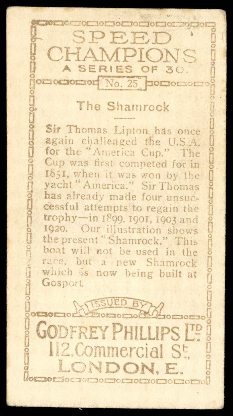 Phillips (Godfrey) - 'Speed Champions' (1930) - #25 - Sir Thomas Lipton & Shamrock (Yachting) Phillips (Godfrey) - 'Speed Champions' (1930) - #25 - Sir Thomas Lipton & Shamrock (Yachting)