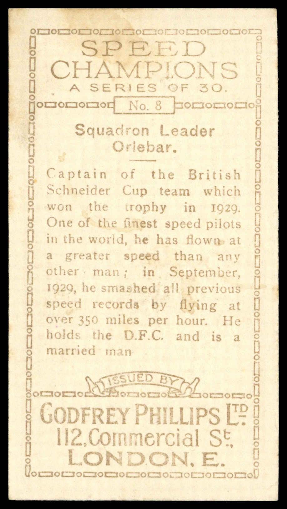 Phillips (Godfrey) - 'Speed Champions' (1930) - #8 - Squadron Leader Orlebar (Aviation) Phillips (Godfrey) - 'Speed Champions' (1930) - #8 - Squadron Leader Orlebar (Aviation)