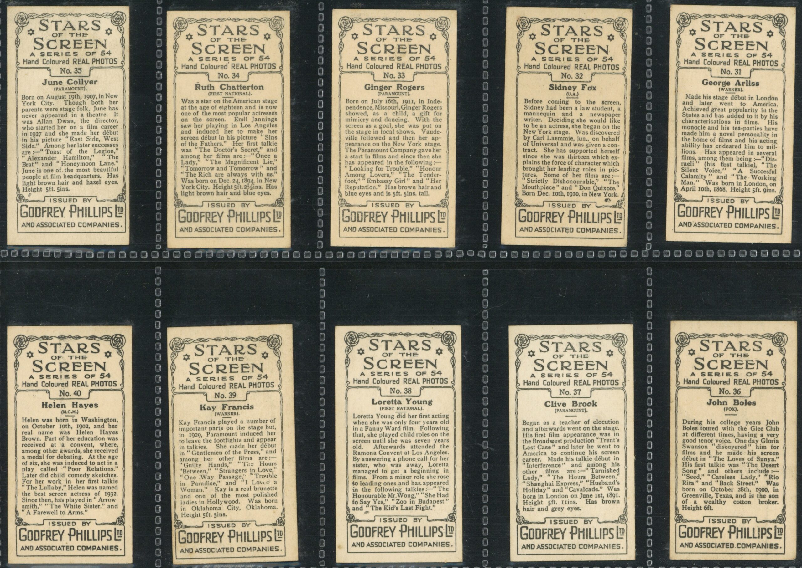 Phillips (Godfrey) - 'Stars of the Screen (54)' - Complete Set (1934) Phillips (Godfrey) - 'Stars of the Screen (54)' - Complete Set (1934)