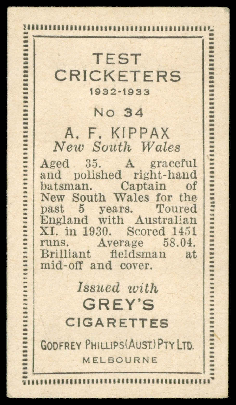 Phillips (Godfrey) - 'Test Cricketers (Grey's)' (1932) - #34 - A.F. Kippax (New South Wales) Phillips (Godfrey) - 'Test Cricketers (Grey's)' (1932) - #34 - A.F. Kippax (New South Wales)