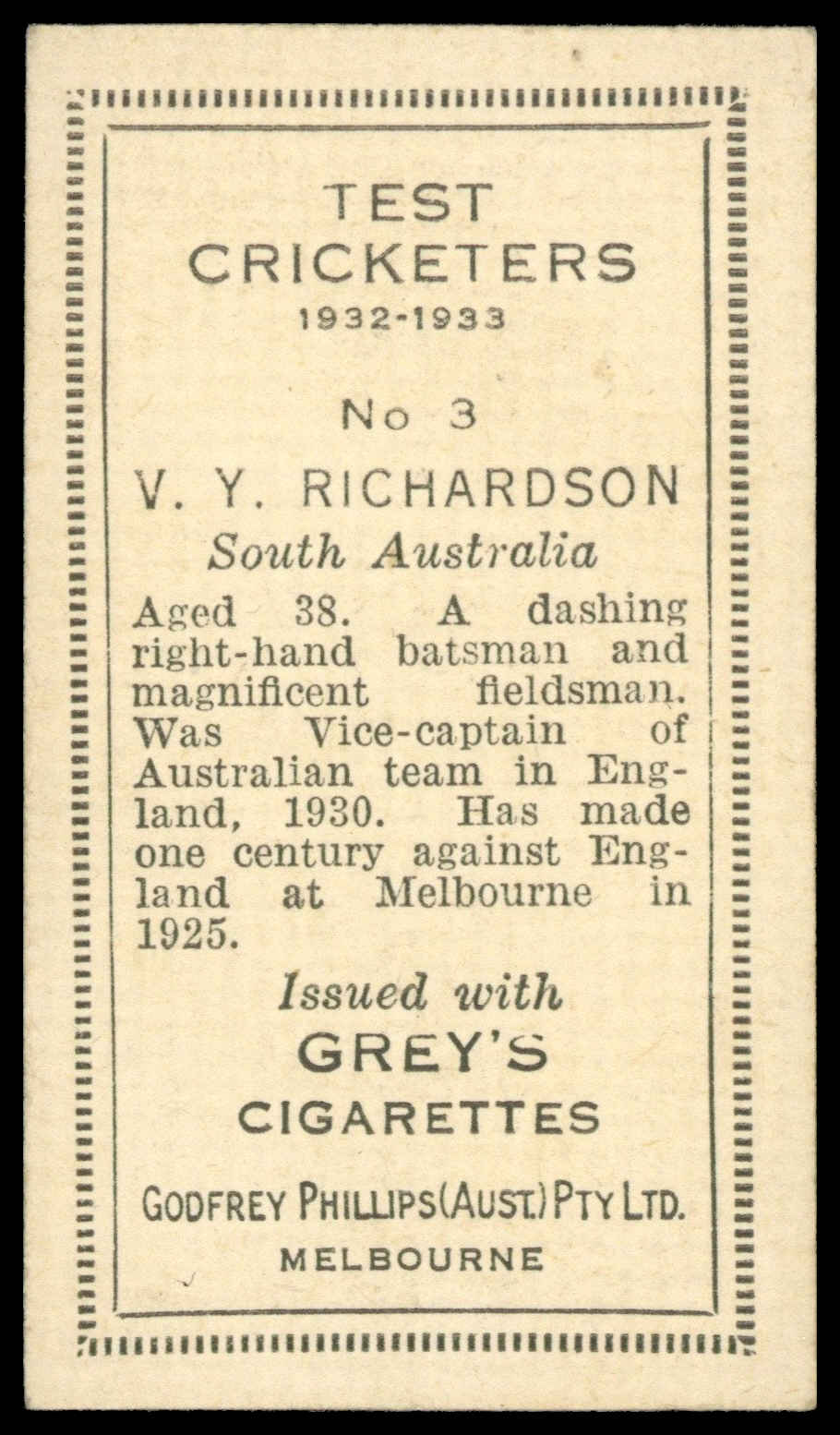 Phillips (Godfrey) - 'Test Cricketers (Grey's)' (1932) - #3 - V.Y. Richardson (South Australia) Phillips (Godfrey) - 'Test Cricketers (Grey's)' (1932) - #3 - V.Y. Richardson (South Australia)