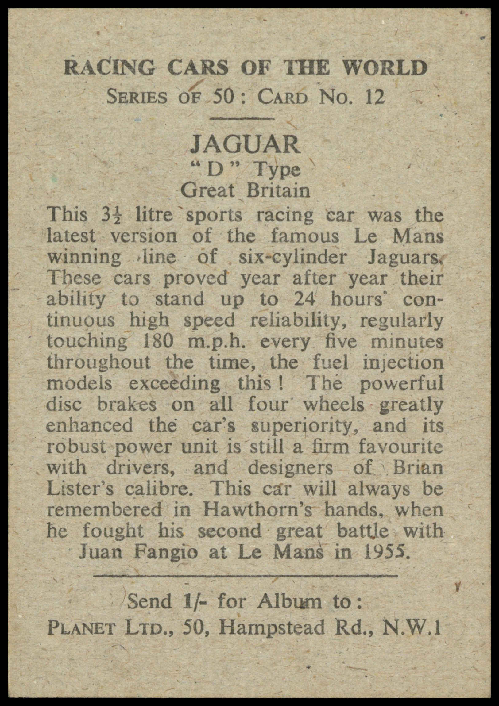 Planet Ltd - 'Racing Cars of the World' (1959) - Jaguar "D" Type (Hawthorn) Planet Ltd - 'Racing Cars of the World' (1959) - Jaguar "D" Type (Hawthorn)