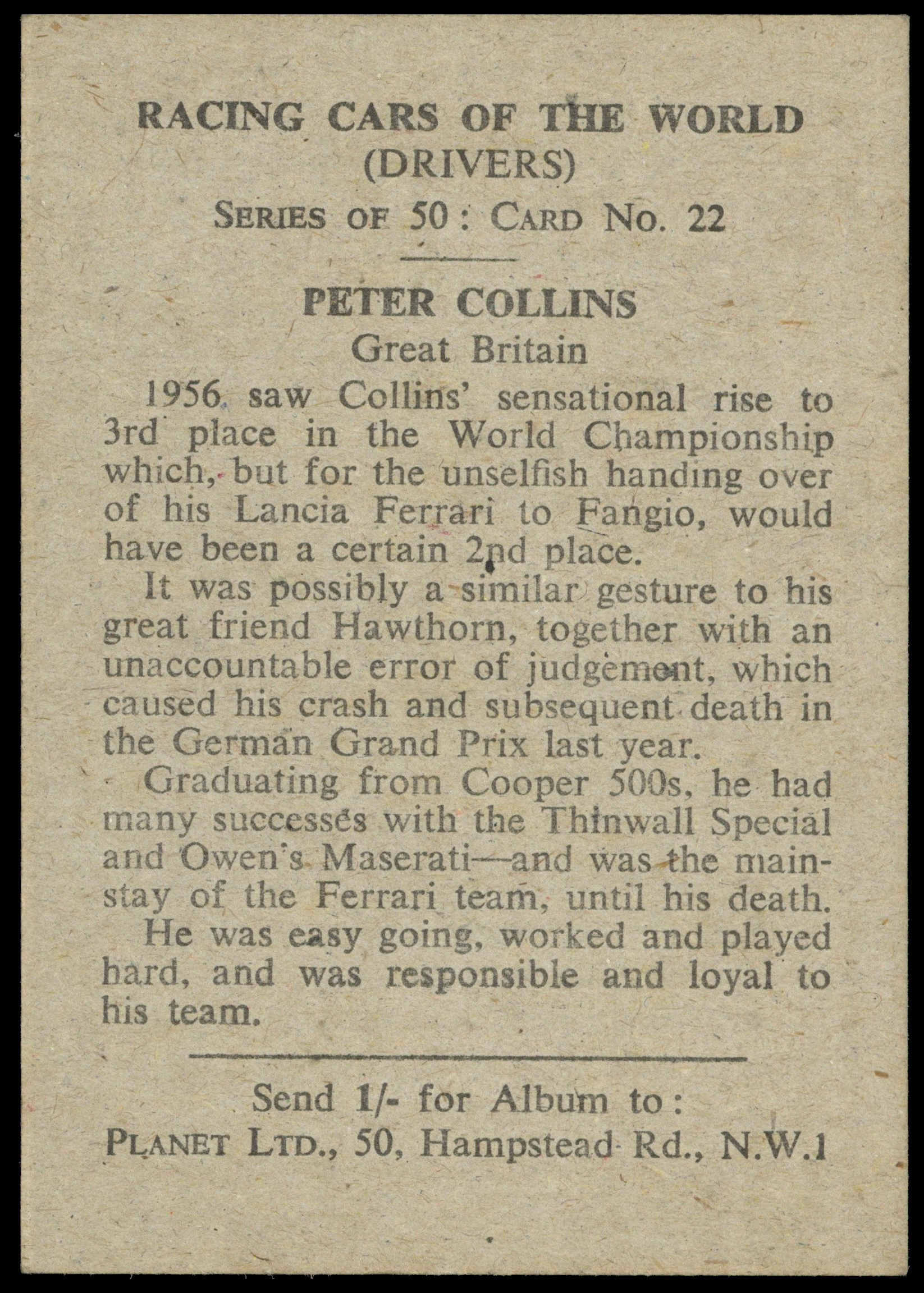 Planet Ltd - 'Racing Cars of the World' (1959) - Peter Collins (Great Britain) Planet Ltd - 'Racing Cars of the World' (1959) - Peter Collins (Great Britain)