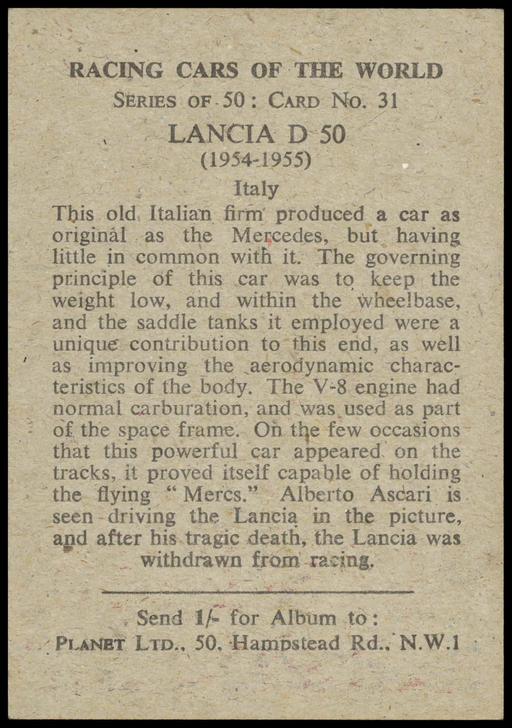 Planet Ltd - 'Racing Cars of the World' (1959) - Lancia D 50 (Albero Ascari) Planet Ltd - 'Racing Cars of the World' (1959) - Lancia D 50 (Albero Ascari)