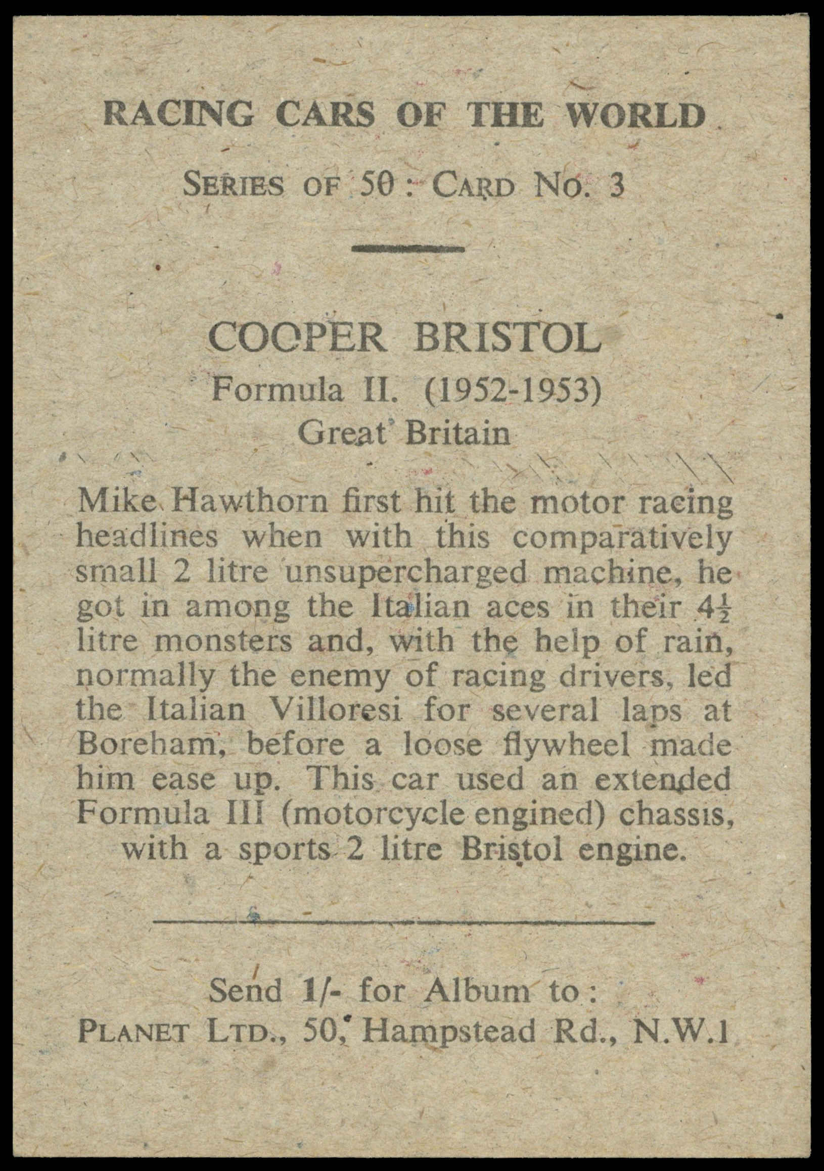 Planet Ltd - 'Racing Cars of the World' (1959) - Cooper Bristol Formula II (Mike Hawthorn) Planet Ltd - 'Racing Cars of the World' (1959) - Cooper Bristol Formula II (Mike Hawthorn)