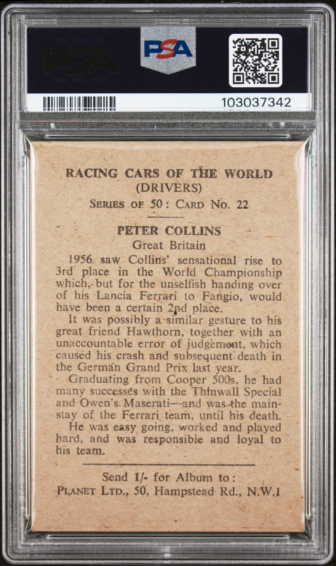 Planet Ltd - 'Racing Cars of the World' (1959) - Peter Collins (Great Britain) **PSA6** Planet Ltd - 'Racing Cars of the World' (1959) - Peter Collins (Great Britain) **PSA6**