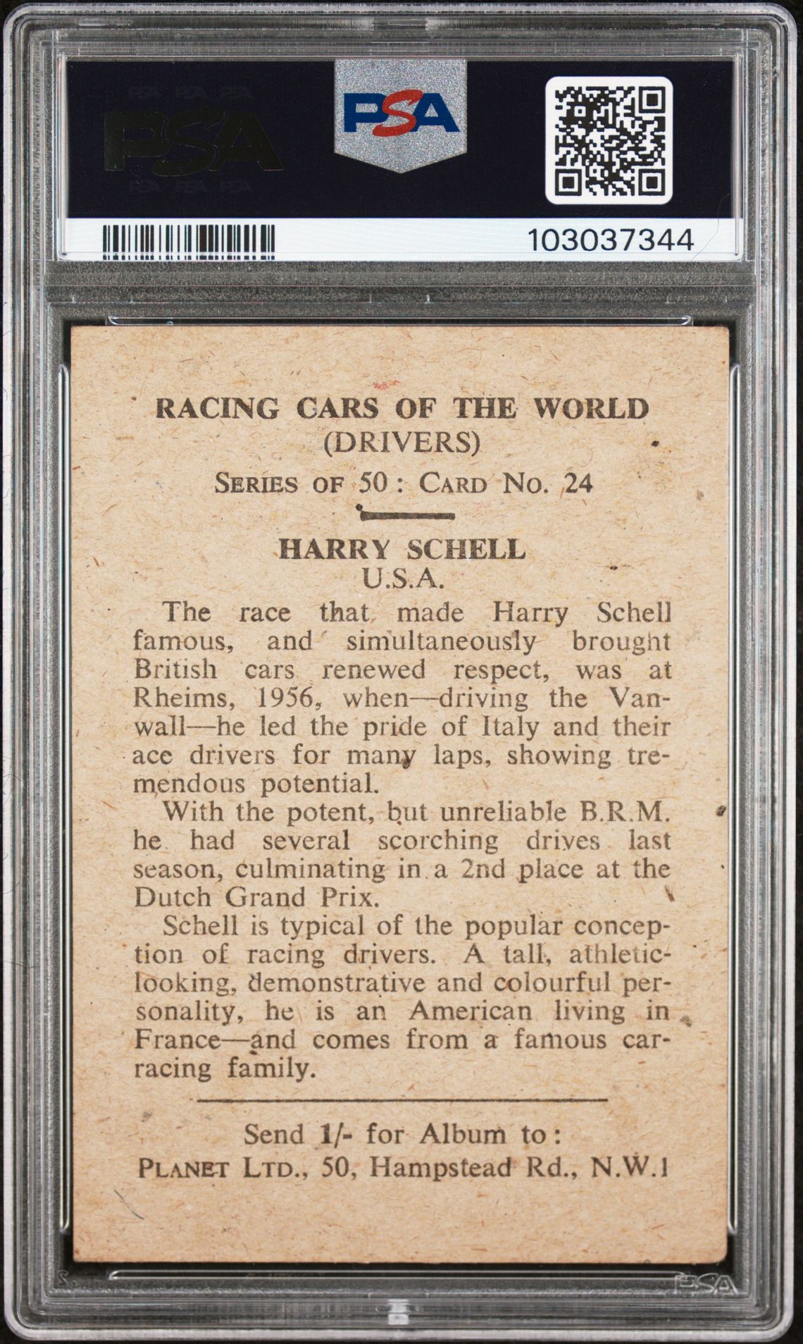 Planet Ltd - 'Racing Cars of the World' (1959) - Harry Schell (U.S.A.) **PSA3.5** Planet Ltd - 'Racing Cars of the World' (1959) - Harry Schell (U.S.A.) **PSA3.5**