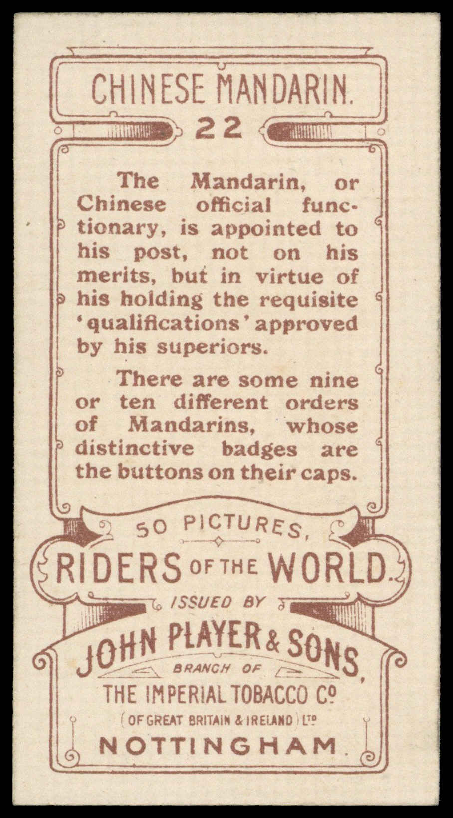 Jhon Riders Player (John) – ‘Riders of the World (1905)’ (1905) – #22 – Chinese ...