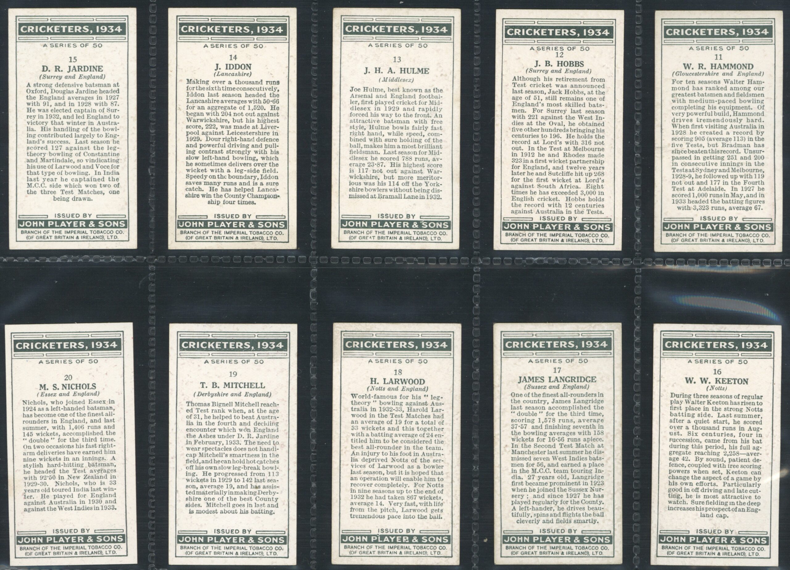 Player (John) - 'Cricketers 1934' (1934) - Complete Set (Bradman, Hobbs, Jardine, Darling etc) Player (John) - 'Cricketers 1934' (1934) - Complete Set (Bradman, Hobbs, Jardine, Darling etc)