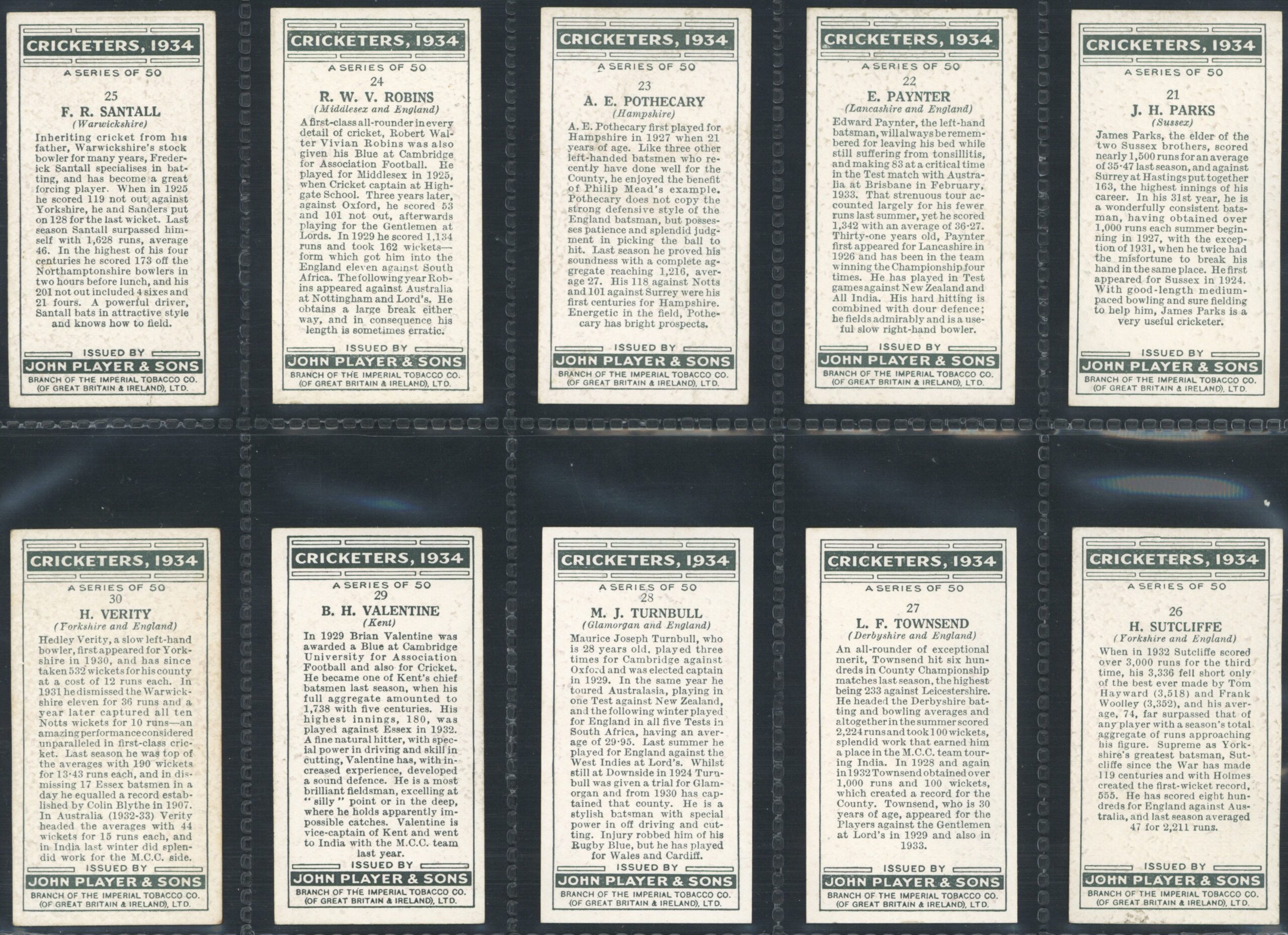 Player (John) - 'Cricketers 1934' (1934) - Complete Set (Bradman, Hobbs, Jardine, Darling etc) Player (John) - 'Cricketers 1934' (1934) - Complete Set (Bradman, Hobbs, Jardine, Darling etc)