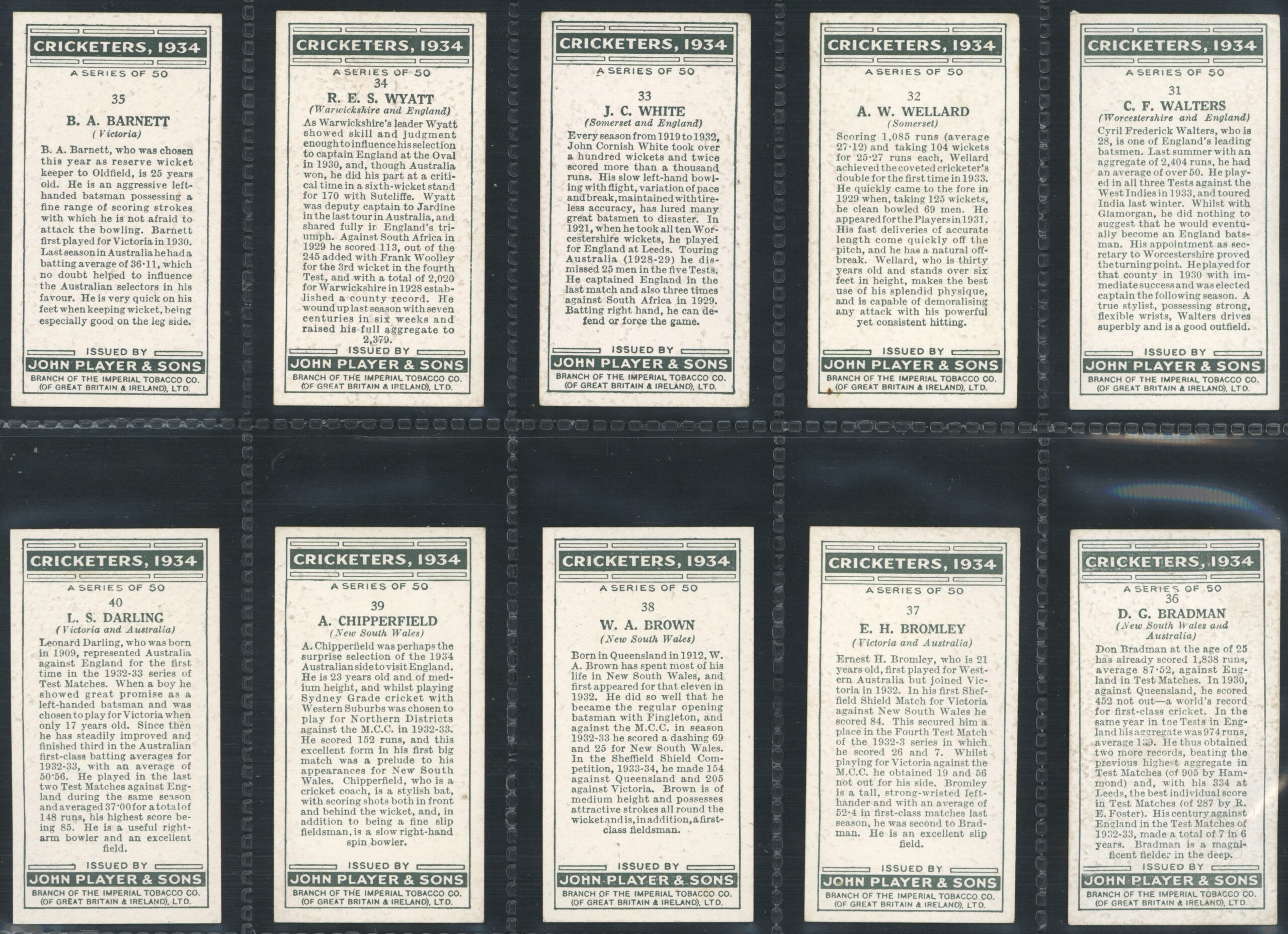 Player (John) - 'Cricketers 1934' (1934) - Complete Set (Bradman, Hobbs, Jardine, Darling etc) Player (John) - 'Cricketers 1934' (1934) - Complete Set (Bradman, Hobbs, Jardine, Darling etc)