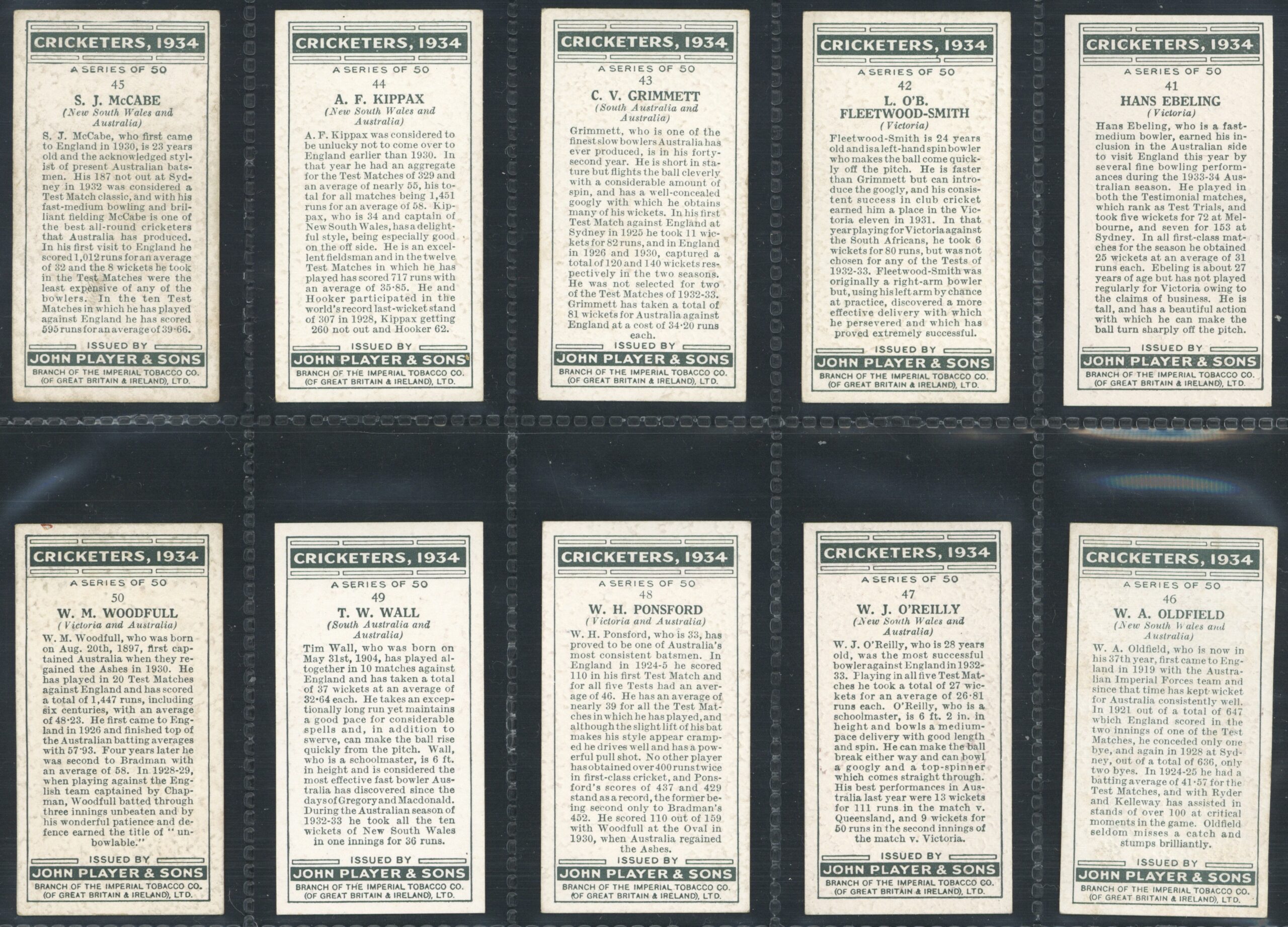 Player (John) - 'Cricketers 1934' (1934) - Complete Set (Bradman, Hobbs, Jardine, Darling etc) Player (John) - 'Cricketers 1934' (1934) - Complete Set (Bradman, Hobbs, Jardine, Darling etc)