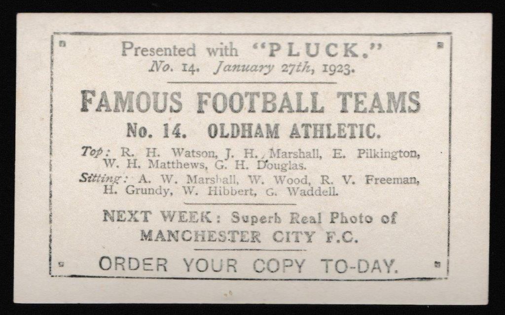 Pluck - 'Famous Football Teams' (1922) - Card #14 - Oldham Athletic Pluck - 'Famous Football Teams' (1922) - Card #14 - Oldham Athletic