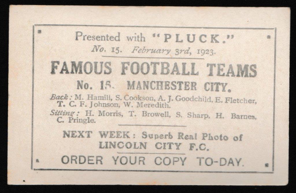 Pluck - 'Famous Football Teams' (1922) - Card #15 - Manchester City Pluck - 'Famous Football Teams' (1922) - Card #15 - Manchester City
