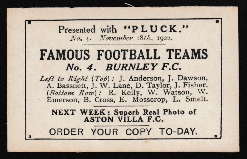 Pluck - 'Famous Football Teams' (1922) - Card #4 - Burnley F.C. Pluck - 'Famous Football Teams' (1922) - Card #4 - Burnley F.C.