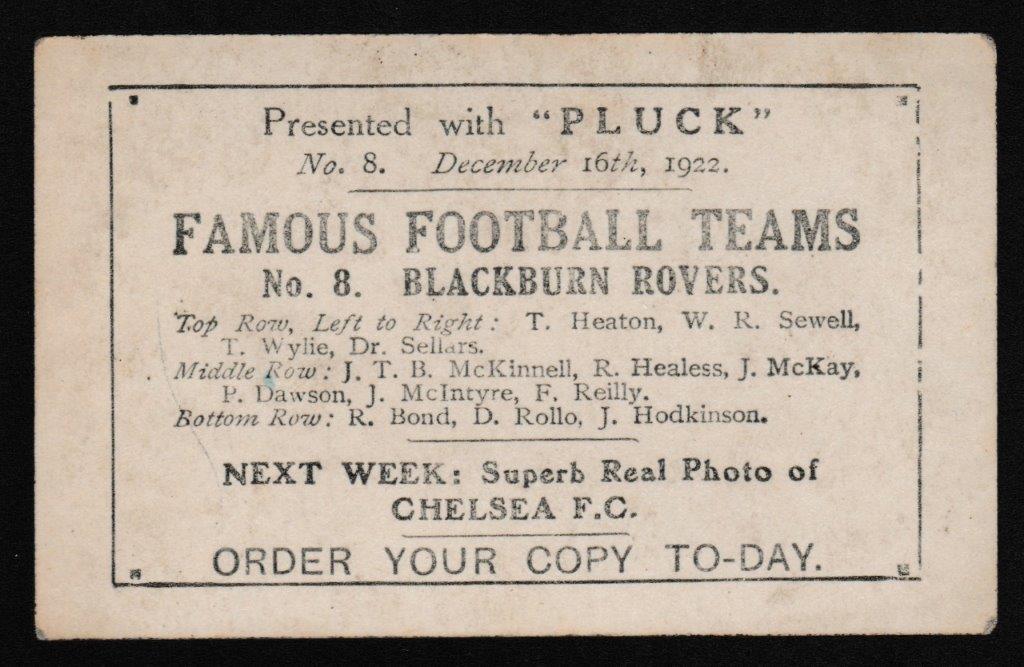 Pluck - 'Famous Football Teams' (1922) - Card #8 - Blackburn Rovers Pluck - 'Famous Football Teams' (1922) - Card #8 - Blackburn Rovers