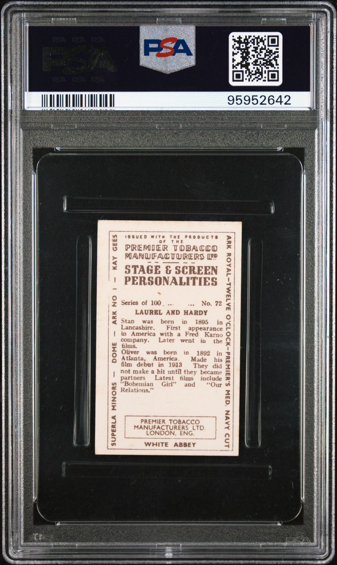 Premier Tobacco - Stage & Screen Celebrities (Brown) - Laurel & Hardy **PSA6** Premier Tobacco - Stage & Screen Celebrities (Brown) - Laurel & Hardy **PSA6**