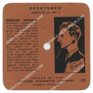 Record Cigarette Co - 'Sportsmen' #25 - Herbert Roberts (Arsenal) (1934)