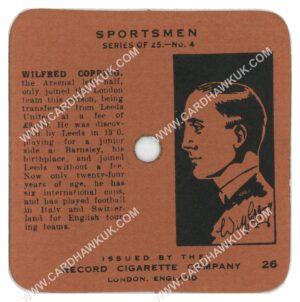 Record Cigarette Co - 'Sportsmen' #26 - Wilfred Copping (Arsenal) (1934)