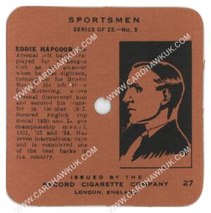 Record Cigarette Co - 'Sportsmen' #27 - Eddie Hapgood (Arsenal) (1934)