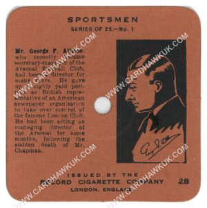 Record Cigarette Co - 'Sportsmen' #28 - Mr. George F. Allinson (Arsenal) (1934)