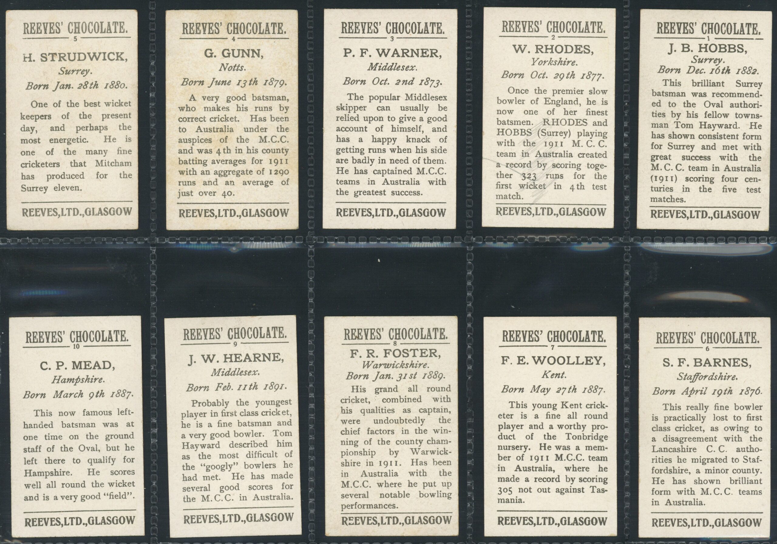 Reeves' Chocolate - 'Cricketers' Complete Set (1912) Reeves' Chocolate - 'Cricketers' Complete Set (1912)