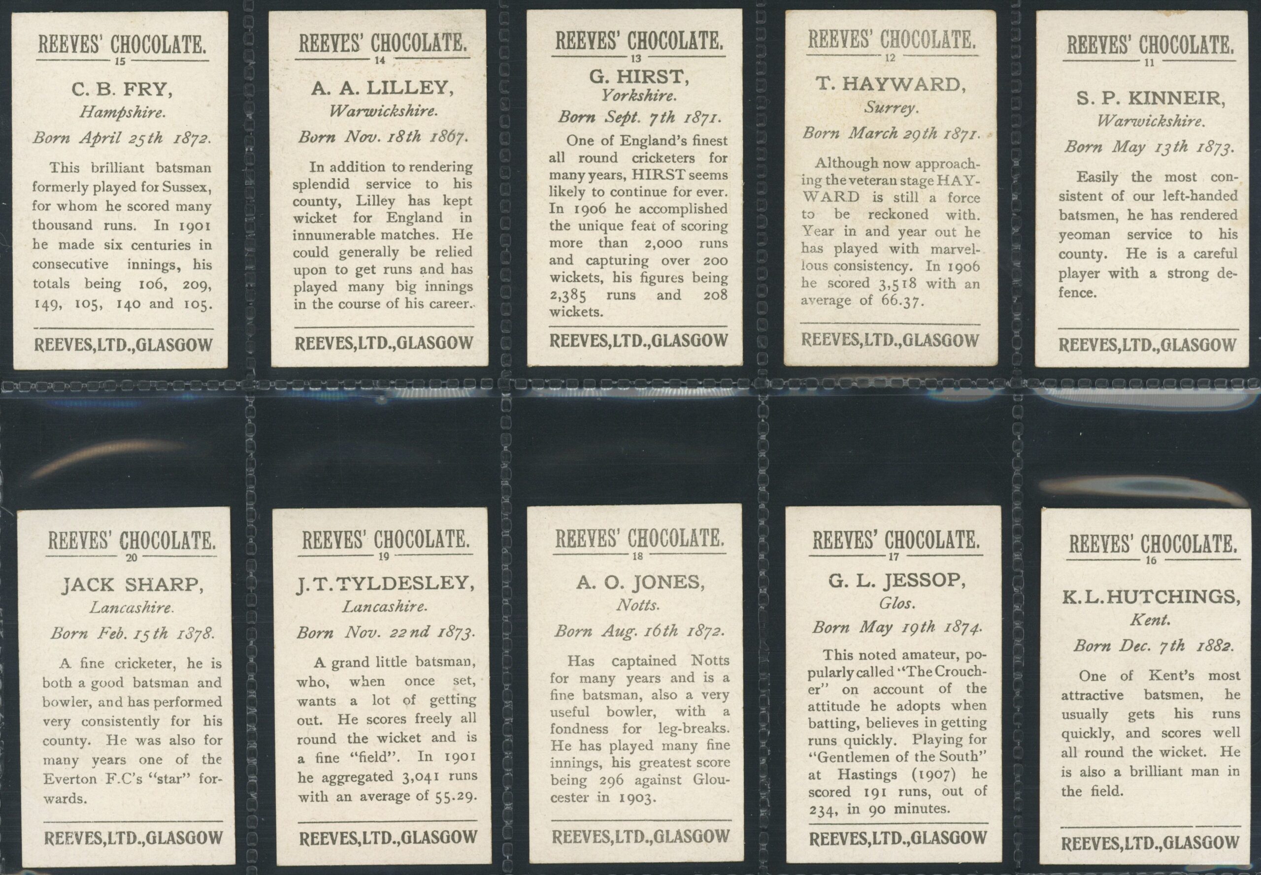 Reeves' Chocolate - 'Cricketers' Complete Set (1912) Reeves' Chocolate - 'Cricketers' Complete Set (1912)