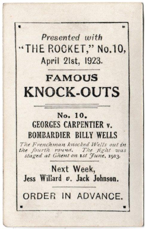 Rocket - 'Famous Knock-outs' (1923) - Card #10 - Carpentier - Bombardier Billy Wells Rocket - 'Famous Knock-outs' (1923) - Card #10 - Carpentier - Bombardier Billy Wells