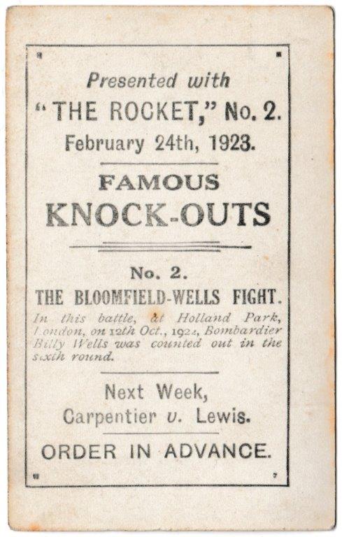 Rocket - 'Famous Knock-outs' (1923) - Card #2 - Bloomfield - Wells Rocket - 'Famous Knock-outs' (1923) - Card #2 - Bloomfield - Wells