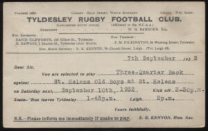 - 'Tyldesley RFC Rugby Selection Card' (1932) - Postmarked Leigh 07-Sep-1932