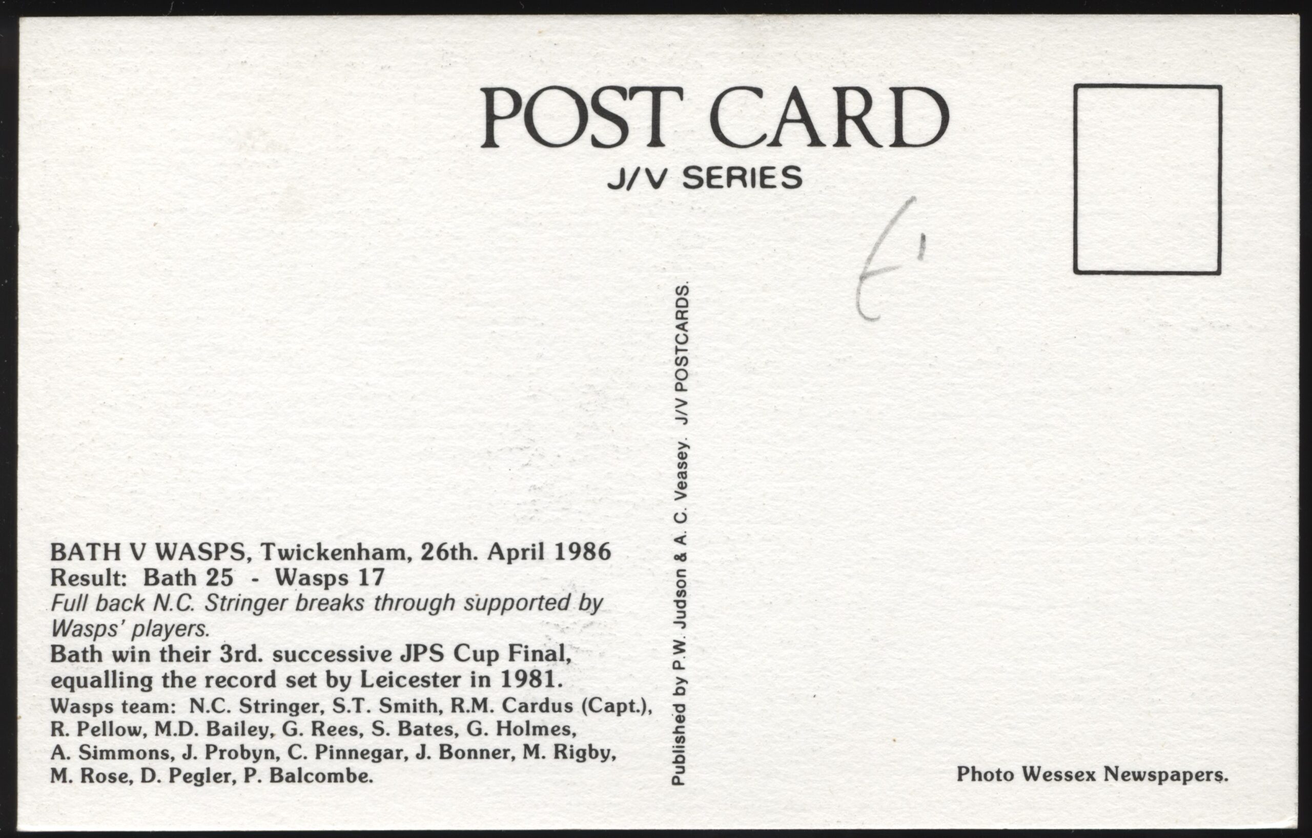 J/V - 'John Player Special Cup Final' (1986) - Unused Postcard J/V - 'John Player Special Cup Final' (1986) - Unused Postcard